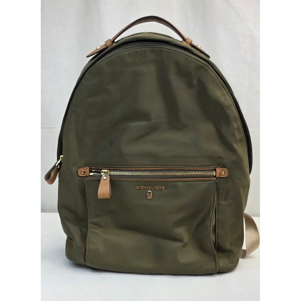 Michael Kors Olive Green Nylon Backpack with Tan Leather Trim and Gold Hardware - Picture 4 of 16